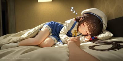 暖黄色调的卧室场景中，身着水手风格服饰、头戴白色水手帽的棕色长发萝莉侧趴在床上安然熟睡，脸颊带着淡淡的红晕，双手握着画面外的一只手，旁边标注着代表睡眠的“Zzz”字样，整体氛围温馨治愈，没有双关或暗示内容。