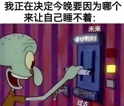 这张梗图使用了《海绵宝宝》中章鱼哥的场景，他正将一个物品插入标有'FUTURE'(未来)的机器，机器下方还有'PAST'(过去)的标识。图片上方配有文字'我正在决定今晚要因为哪个来让自己睡不着:'，幽默地表现了人们常常因为思考过去或担忧未来而失眠的普遍现象。章鱼哥得意的表情与失眠这一困扰形成反差萌，增加了 meme 的趣味性。