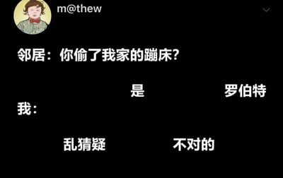 这是一张黑色背景的文字梗图，左上角有一个卡通风格的小孩头像，旁边显示用户名“m@thew”。图中主要内容为一段对话：邻居质问“你偷了我家的蹦床？”，而“我”的回应被拆分成“是”“罗伯特”“乱猜疑”“不对的”四个独立文本块，呈网格状排列。通过将否认与无关名字“罗伯特”结合，形成一种逻辑混乱的幽默效果，让辩解显得苍白又滑稽。