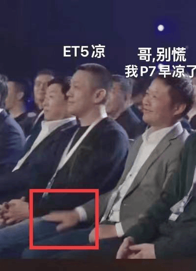 图片展示了一群人坐在类似会议或活动的观众席中，背景为深色。画面左侧叠加文字“ET5凉”，右侧叠加文字“哥,别慌 我P7早凉了”，其中右侧人物的手部被红色方框特别标注。这里的“凉”是网络流行语，意为“不受欢迎、销量不佳”，整体通过拟人化对话调侃蔚来ET5和小鹏P7两款车型市场表现不佳的情况。
