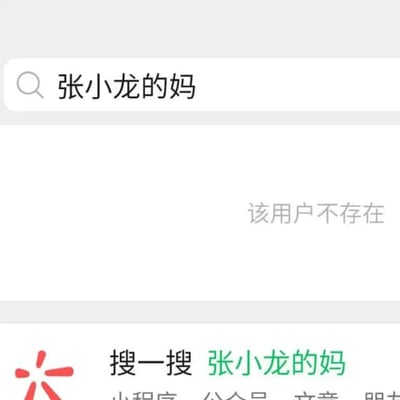 这是一张微信应用的搜索界面截图，顶部搜索栏中输入了搜索关键词“张小龙的妈”，搜索结果区域显示灰色文字“该用户不存在”，页面底部带有微信搜一搜的品牌标识，同时给出提示“搜一搜 张小龙的妈”。该内容是网络玩梗作品，利用中文“妈”和“码”的同音特征，结合微信创始人张小龙的身份制造谐音笑点，调侃和微信相关的各类二维码难找的情况。