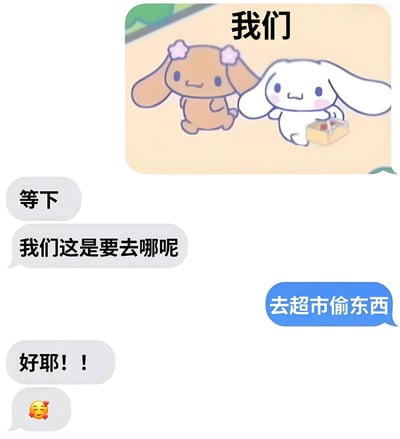 图片展示了两个三丽鸥卡通角色的对话场景。上方是布丁狗和玉桂狗的可爱形象，标题为"我们"。下方有一系列对话气泡，内容为："等下"、"我们这是要去哪呢"、"去超市偷东西"、"好耶！！"以及一个带爱心的笑脸表情。通过可爱角色与调皮对话的反差制造幽默效果。