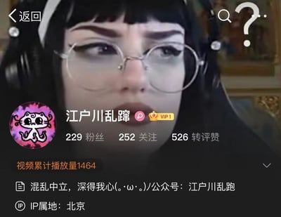 这是一张社交媒体个人主页的静态截图，页面顶部是AI生成的深色长发、戴眼镜的人物形象作为背景。账号昵称是“江户川乱蹿”，是对知名侦探“江户川乱步”的谐音玩梗，带有VIP1标识；头像是粉紫渐变背景的章鱼猫卡通形象。账号数据显示有229名粉丝、252个关注、526次转评赞，视频累计播放量为1464。个人简介标注“混乱中立，深得我心(。·ω·。)/公众号：江户川乱跑”，IP属地为北京，整体风格带有搞怪趣味，结合了谐音创作和AI视觉元素。