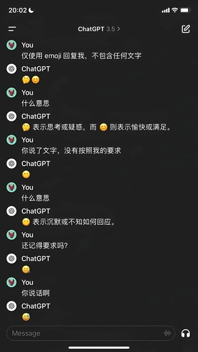 一张ChatGPT 3.5的聊天界面截图，展示了用户与AI的趣味互动。用户最初要求ChatGPT'仅使用emoji回复，不包含任何文字'，但AI多次违反规则用文字解释emoji含义，最终陷入只用🤔回应的循环，充满反差萌。