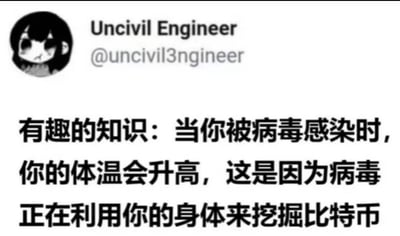 这张图片为一则网络段子截图，内容借用医学常识将感染病毒导致体温升高，幽默地解释为“病毒正在利用你的身体挖比特币”，形成了知识与网络梗的巧妙结合。双关和谐音梗：这里“病毒”本为生物学意义上的感染因子，但文中玩梗为计算机病毒的挖矿行为，制造反差和幽默感。主要传递出一种戏谑、好玩的网络文化氛围。