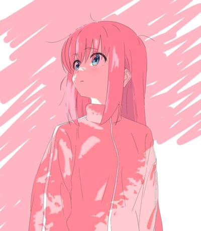 这是一幅ACGN同人插画，描绘了动漫《孤独摇滚！》的主角后藤独（波奇酱）。她留着标志性的粉色长发，身着粉色高领上衣，仰头望向上方，眼神带着迷茫又柔和的神情。背景以大面积的粉色斜向笔触构建，整体暖粉色调统一，营造出安静治愈的朦胧氛围。