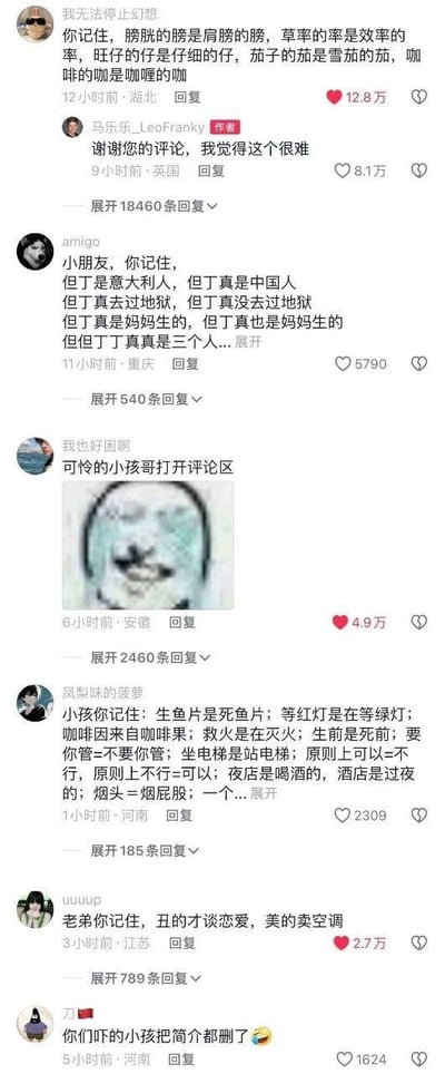 这是一张抖音平台的评论区截图，原作者发布的内容疑似为面向小孩的知识科普类内容，以‘小孩你记住’的句式展开，引发评论区网友集体玩梗。网友们运用谐音、双关、概念偷换等方式，创作了一系列无厘头的搞笑语句，例如‘膀胱的膀是肩膀的膀，草率的率是效率的率’‘但丁是意大利人，但丁真是中国人’‘丑的才谈恋爱，美的卖空调’等，还有网友发布抽象表情包调侃‘可怜的小孩哥打开评论区’，甚至有评论戏称‘你们吓的小孩把简介都删了’。整个评论区充满了欢乐的整活氛围，各类梗层出不穷，是网友们基于原内容进行的趣味二次创作。