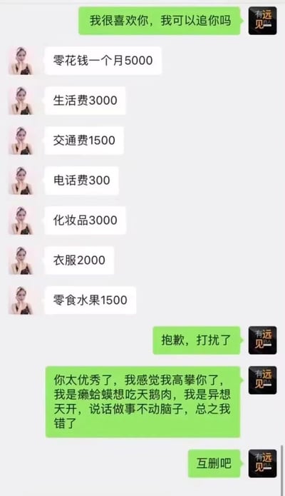 这是一张竖屏的微信聊天记录静态截图，内容为一名用户向对方表白，询问是否能追求对方，对方随即列出了每月所需的各项生活开销明细，包括零花钱5000元、生活费3000元、化妆品3000元等，各项费用总计金额较高。表白者看到清单后立刻表示自己高攀不起，先是道歉，随后进行了一连串的自我贬低，最后提出互删。整个对话充满了现实的反差感，用搞笑又扎心的方式展现了普通人面对高额物质要求时的无奈退缩，调侃了部分情感关系中过度强调物质的现象。