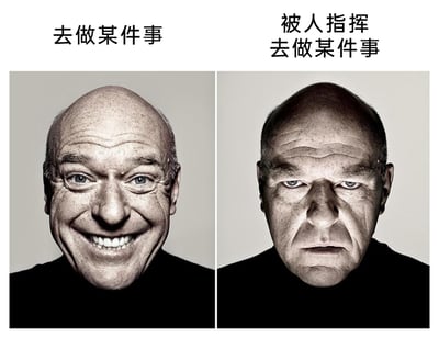 这是一张左右对比的静态图文内容，左侧展示了一位光头男士笑容灿烂的模样，他眼睛弯起，露出牙齿，神情十分愉悦，上方配文“去做某件事”，代表着人们主动去完成某件事时的积极状态；右侧是同一位男士，他眉头紧皱，面部肌肉紧绷，神情严肃且带着明显的不满，上方配文“被人指挥去做某件事”，呈现出人们在被动接受他人指令做事时的抵触、烦躁情绪。通过同一人物两种截然不同的面部表情，直观且夸张地展现出人们在主动行动和被动安排这两种情境下的巨大情绪反差，很容易让职场人或普通人产生共鸣。