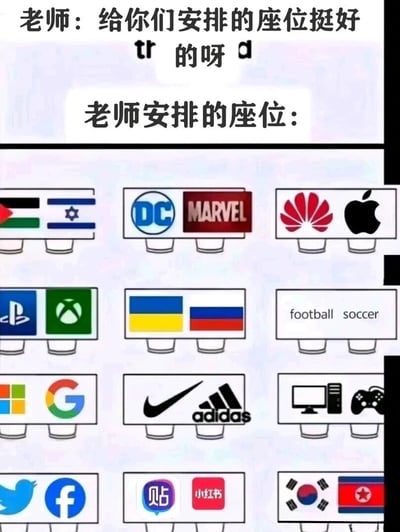 这是一张以“老师安排座位”为场景的搞笑网络梗图，图中老师称“安排的座位挺好的呀”，但实际安排的座位都是将现实中存在竞争关系、对立关系或概念相近常被对比的对象安排为同桌，制造出强烈的反差喜剧效果。具体的同桌组合包括：巴勒斯坦与以色列国旗、DC与漫威、华为与苹果、PlayStation与Xbox、乌克兰与俄罗斯国旗、football与soccer、微软与谷歌、耐克与阿迪达斯、台式电脑与游戏主机、推特与脸书、百度贴吧与小红书、韩国与朝鲜国旗。这些组合精准抓住了大众熟知的对立或相似关系，用看似合理的“座位安排”放大这种荒诞感，引发观者共鸣与笑点。