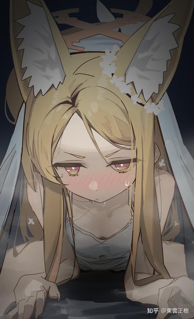 插画中是一位有着金色长发和狐耳的少女，她穿着白色婚纱，头戴头纱，眼睛泛红，脸上带着红晕，正低头流泪。少女的表情显得悲伤而忧郁，泪珠从眼角滑落，双手向前伸出，整体氛围凄美动人。