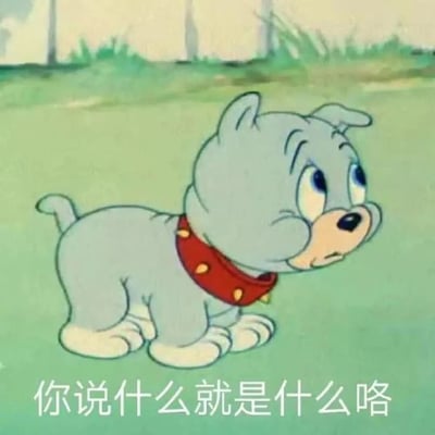 图片中是一只卡通风格的灰色小狗，它有着大大的蓝色眼睛，耷拉着耳朵，脖子上戴着红色带黄色铆钉的项圈，正站在绿色的草地上，背景是模糊的浅色墙壁和草丛。小狗表情看起来有些委屈和无奈，眼神微微下垂。图片底部有一行白色文字：“你说什么就是什么咯”，整体传达出一种顺从、无奈的情绪，像是在不情愿地接受对方的观点。