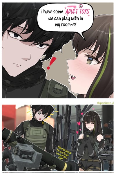 这是一张双格连环同人漫画，改编自手游《少女前线》的角色。第一格中，角色M4A1红着脸对男性指挥官说出带有暧昧双关的邀约：“我有一些成年人的玩具，我们可以去我房间玩~”，“成人玩具”的表述制造了暧昧暗示，让指挥官露出惊讶的表情。第二格剧情反转，所谓的“成人玩具”实际是指FGM-148标枪反坦克导弹在内的各类重型枪械，指挥官瞬间眼睛发亮，变得极度兴奋，M4A1则开心地注视着他。这张图利用“成人玩具”的歧义制造强烈反差，精准戳中军事爱好者和游戏玩家的喜好，带来搞笑的效果。