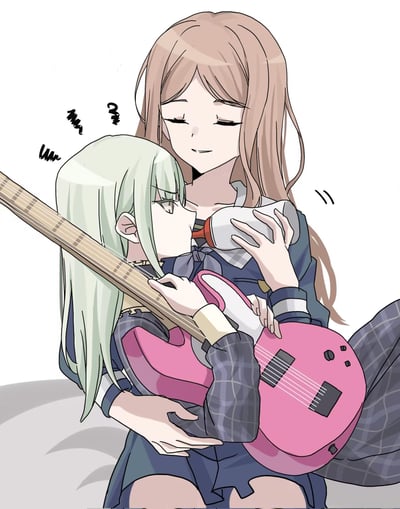 画面呈现了《BanG Dream! It's MyGO!!!!!》中的两位角色：高松灯抱着粉色心形电吉他，安心地依偎在长崎爽世的怀中；长崎爽世闭着双眼，温柔地环抱住对方，旁边的线条强化了这份静谧温馨的氛围。这是一幅充满治愈感的百合向同人插画，没有双关或谐音梗内容。