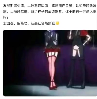 图片上方为一段批判性质的文字，内容指责某人在发展期引流、上升期吸血、成熟期自爆，导致初华睦头沉默、海玲难堪、祥子的武道馆梦被毁，并质问“你干的有一件是人事吗？”，后续补充“没团魂，留暗号，还是红色高跟鞋😊”。图片下方是一张动画截图，展示两个角色的背影，左侧角色穿着红色短裙、白色长筒袜及红色高跟鞋，右侧角色身着深色服装，整体画面聚焦于角色的腿部及 footwear 细节。