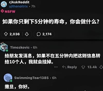 这是一张Reddit社区r/AskReddit的帖子截图，用户u/thenoitrix发起提问“如果你只剩下5分钟的寿命，你会做什么?”，帖子获得2036个赞和2174条评论。截图中展示了两条高赞评论：一条来自用户Timozkovic，调侃式地建议“给朋友发消息，如果不在五分钟内把这则信息转给10个人，我就会挂掉”，暗讽网络上常见的连锁转发信息套路；另一条来自用户SwimmingTear1385，简洁回复“撒旦，你好”，以黑色幽默的方式回应死亡主题。