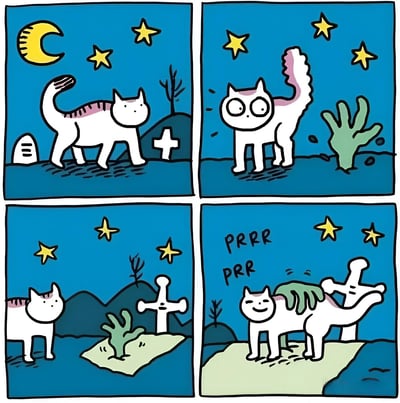 四格漫画描绘了一只粉白相间的猫咪在夜晚的冒险。第一格：猫咪在有十字架和小房子的夜晚场景中行走；第二格：猫咪看到仙人掌后表情惊讶，眼睛瞪得很大；第三格：猫咪靠近十字架和仙人掌；第四格：猫咪开心地蹭着仙人掌，发出'PRRR PRR'的呼噜声。