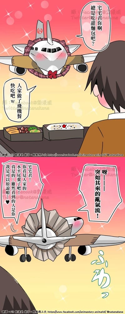 这是一幅上下两格的二次元连环漫画，上格是带有日本航空标识、拟人化的萌系飞机娘，脸红着对宅宅君说他总吃甜面包，递出自己制作的飞机餐让对方快吃；下格飞机娘制造出「突如其来的乱气流」，展开的水平尾翼模拟出女生裙子被风吹起的场景，随后娇羞地表示宅宅君看到了她的「水平尾翼」，因为对方是宅宅所以选择原谅。
梗点说明：这里运用了拟人化的谐音与视觉梗，将飞机的水平尾翼对应二次元女生的裙底，用乱气流的借口制造类似「走光」的萌系场景，是典型的ACG拟人玩梗创作。