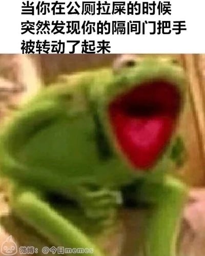 这是一张文字加注类的表情包，顶部配有文字“当你在公厕拉屎的时候突然发现你的隔间门把手被转动了起来”，图中是经典布偶角色科米蛙，它大张嘴巴，身体蜷缩，双手放在胸前，呈现出极度惊恐、慌乱的姿态，生动地还原了人们在公厕隔间内隐私空间被突然打扰时的紧张、尴尬情绪，是对日常中这种社死瞬间的趣味化演绎，容易引发人们的共鸣。