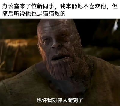 图片上方文字描述场景：办公室来了新同事，起初本能地不喜欢，但得知对方也是“猫猫教”（猫爱好者群体）后态度转变。下方是电影《复仇者联盟》中灭霸的面部特写截图，配文“也许我对他太苛刻了”。通过灭霸严肃的反派形象与“猫猫教”这一可爱主题的反差制造幽默效果，展现因共同爱好迅速改观的同事关系。