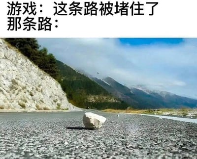 这是一张顶配底文形式的搞笑梗图，顶部配有两行文字“游戏：这条路被堵住了 那条路：”，下方的配图是低视角拍摄的山间公路实拍图，宽阔平整的公路上只有一块拳头大小的白色石块放在路中间，用这种现实中完全不会阻碍通行的极小障碍和游戏里“被堵住”的设定形成强烈反差，讽刺游戏里很多堵路设计非常刻意、不符合现实逻辑。