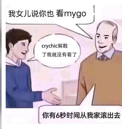 漫画风格的对话场景：一位年长男性（戴领带、穿棕色毛衣）与年轻男性（穿蓝色上衣）握手交谈。年长男性先提到“我女儿说你也看mygo”，年轻男性回应“crychic解散了我就没有看了”，随后画面底部出现年长男性的驱逐指令“你有6秒时间从我家滚出去”。通过前后态度的剧烈转变（从友好询问到愤怒驱逐）制造喜剧效果，暗示年长男性是mygo系列的忠实粉丝，因对方停止观看而产生强烈反应。