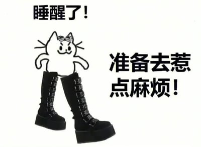 图中是一只简笔画风的猫，有标志性的圆眼和简洁线条，神情自信带点调皮。猫咪戴着墨镜，穿着一双夸张的大号系带高筒靴。旁边大字写着：“睡醒了！准备去惹点麻烦！”整体画风搞怪，表达一种清醒后元气满满、跃跃欲试要“搞事”（调皮捣蛋、主动出击）的气氛。

“惹点麻烦”有网络流行双关，既暗示调皮、主动制造小混乱，也自嘲“凡尔赛精神”或打工人调侃生活的无奈态度。

