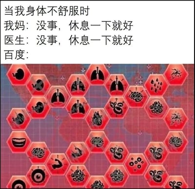 这张梗图通过反差对比的方式，描绘了用户身体不适时的三种不同回应：妈妈和医生都会轻描淡写地表示“没事，休息一下就好”，而百度则用游戏《瘟疫公司》里的各类病原体、器官病变图标，夸张地暗示用户患上了各种严重疾病，精准调侃了“百度查病，癌症起步”的网络普遍体验，戳中了很多人用搜索引擎查病时被过度放大病情的共鸣点，风格搞笑又充满无奈。