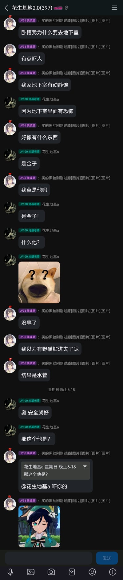 这是一张QQ群聊「花生基地2.0」的聊天记录截图，群成员LV36美波里先是多次重复发送「买的黑丝刚刚过膝」并附带图片，随后分享自己去地下室的经历：表示去地下室感觉吓人，家里地下室有动静，以为有未知存在。群成员LV100地基老师（花生地基a）调侃回应地下室里是金子，美波里一度疑惑是不是某个“他”，之后发现只是水管的声音，虚惊一场。地基老师追问之前提到的“他”是什么，美波里表示是用来吓地基老师的，最后还发送了原神角色温迪的表情包。整个对话是网友之间的日常闲聊，充满轻松的乌龙感。