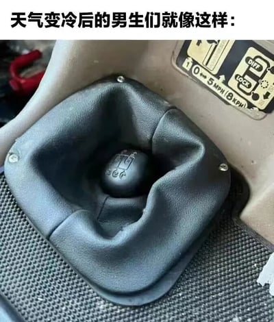图片展示了一个汽车内部的档杆区域，黑色皮革防尘套因收缩而紧紧包裹住档杆，使其看起来像是“缩”了起来。上方配有文字“天气变冷后的男生们就像这样：”，通过档杆收缩的视觉效果，幽默比喻男生在天气变冷时会像这样缩成一团保暖的可爱模样。