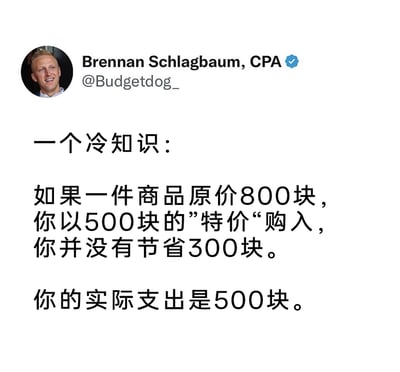 这是一张X平台（原Twitter）的社交媒体截图，由认证为注册会计师的用户Brennan Schlagbaum（账号@Budgetdog_）发布，内容以中文呈现了一个纠正消费认知的冷知识：当一件原价800元的商品以500元的“特价”被购入时，大众常误以为自己节省了300元，但从财务支出的实际角度来看，并没有“节省”，而是产生了500元的实际支出。该内容旨在戳破促销话术营造的“省钱”错觉，引导人们建立理性的消费观念，关注自身的实际支出金额，避免被营销手段误导进行不必要的消费。