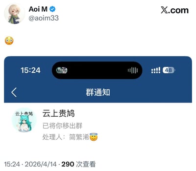 这是一张X（原推特）平台的社交媒体推文截图，由已认证用户Aoi M（账号@aoim33）发布，推文正文仅发送了一个惊讶表情，附带了一张手机端微信群通知的截图；截图显示，名为“云上贵鸠”的微信群将Aoi M移出了群聊，处理人标注为简繁浠，附带微笑表情，截图上的时间为15:24，该推文发布时间标注为2026年4月14日15:24，已有290次查看。