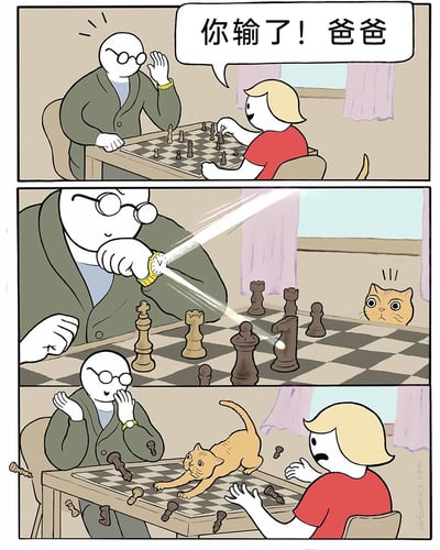 这是一幅三格连环卡通漫画：第一格中，金发孩子和戴眼镜的爸爸正在下国际象棋，孩子兴奋地宣布“你输了！爸爸”，爸爸露出惊讶的表情；第二格中，爸爸不甘心认输，将手腕上的手表对准棋子，用表盘的反光光束吸引躲在一旁、露出脑袋的橘猫，猫咪看到光束后露出好奇震惊的表情；第三格中，橘猫被光束吸引跳上棋盘，将所有棋子弄乱，爸爸捂着嘴偷笑，孩子则露出震惊不敢置信的表情，爸爸用耍赖的方式避免了输棋的结果。