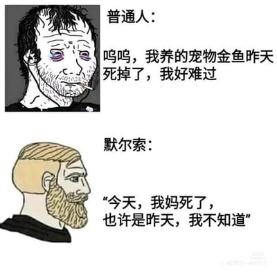 这是一张上下对比的图文混排卡通梗图，上方展示了一位双眼泛红、面容憔悴叼着烟的普通人形象，配文是他因宠物金鱼去世而流露悲伤情绪的话语；下方是文学作品《局外人》的主角默尔索的卡通形象，配文是他面对母亲去世时冷漠疏离的经典表述。通过将普通人对小事的强烈情绪和默尔索对大事的冷漠态度进行对比，放大了默尔索荒诞、疏离的人生态度，形成搞笑且带有文学内涵的反差效果。