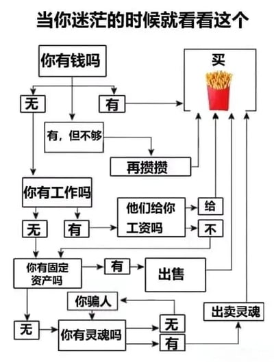 这是一张幽默风格的流程图，标题为“当你迷茫的时候就看看这个”。流程图以“你有钱吗”为起点，通过一系列决策分支（如“无钱→有工作吗→有工资吗”“有钱但不够→再攒攒”“无工作→有固定资产吗→出售”“无固定资产→有灵魂吗→出卖灵魂”等），最终所有路径都指向“买”薯条的结果，用夸张的逻辑链条调侃人们在迷茫时可能做出的非理性决策，整体风格轻松搞笑。