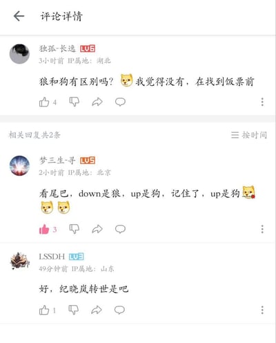 这是一张哔哩哔哩（B站）的评论区截图，展示了三位用户的趣味互动：
1. 用户「独孤-长逸」提问“狼和狗有区别吗？我觉得没有，在找到饭票前”，搭配Doge表情包玩梗；
2. 用户「梦三生-寻」回复用尾巴区分狼和狗，玩梗调侃“up是狗”，并附上多个Doge表情包；
3. 用户「LSSDH」调侃回复者是“纪晓岚转世”，称赞其抖机灵的巧话。
整个评论互动充满趣味，其中“纪晓岚转世”是调侃回复者像纪晓岚一样擅长说巧话，“up是狗”是针对视频up主的玩梗内容。