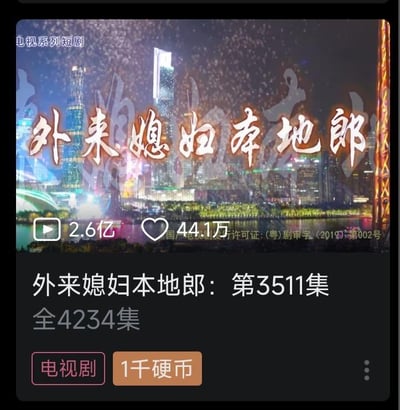 这是一张竖屏手机格式的视频播放界面截图，展示的是广东本土长寿情景喜剧《外来媳妇本地郎》的第3511集。界面上方是醒目的剧集标题“外来媳妇本地郎”，背景是包含广州塔、广州西塔等建筑的广州城市夜景，左上角标注“电视系列短剧”；界面中部显示该集的播放量达2.6亿，获赞441万，还标注了发行许可证编号：(粤)剧审字(2019)第002号；界面下方明确标注该集为《外来媳妇本地郎：第3511集》，全系列已有4234集，同时带有“电视剧”标签和“1千硬币”的标识，体现出这部剧集在平台上的高热度和超长的播出篇幅。