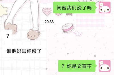这是一张模拟闺蜜聊天界面的搞笑梗图，背景为浅粉色网格底纹，点缀着星星、爱心、丝带卷等可爱元素。左侧可见一双穿着棕色泰迪熊拖鞋的脚，旁边配有一个问号和文字“谁他妈跟你谈了”。右侧有两条绿色对话气泡：上方气泡显示“闺蜜我们淡了吗”（发送时间20:33），下方气泡回应“? 你是文盲不”。图中利用谐音梗制造笑点：“淡了”（指关系疏远）被误读为“谈了”（指谈恋爱），形成幽默误会场景。