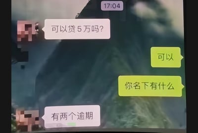这是一张聊天记录截图，展示了一段关于贷款的幽默对话。左侧用户头像被像素化处理，询问"可以贷5万吗?"，右侧回复"可以"并反问"你名下有什么"，左侧回答"有两个逾期"。这种出乎意料的回答形成了搞笑效果，暗示了贷款条件与实际资质之间的反差。