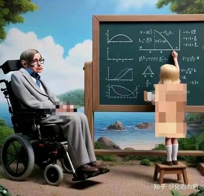 这是一张AI生成的创意图片，画面设置在户外海边的自然场景中：坐在轮椅上的物理学家斯蒂芬·霍金的AI还原形象平静地坐在一旁，注视着站在小凳子上的金发小女孩；小女孩正对着一块写满混乱、无实际科学逻辑的数学与物理公式的黑板进行书写，小女孩的下半身被打了马赛克。黑板上的内容包括无意义的公式、曲线图表、几何图形，看似专业实则是AI生成的杂乱内容，整体场景充满违和感与荒诞感，营造出一种恶搞科学的趣味氛围。