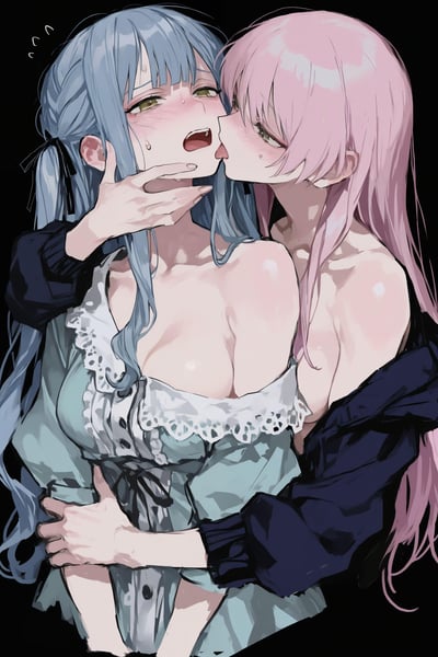 这是一幅AI生成的二次元百合向插画，纯黑色背景突出了画面中的两位少女：粉发少女赤裸着肩膀，穿着深色外套，正拥抱着蓝发少女，亲吻她的脸颊；蓝发少女穿着带蕾丝花边的浅绿色吊带裙，眼角挂着泪水，脸上满是羞涩与慌乱的神情，身体微微颤抖，头顶的小线条表现出她的紧张。整体画面氛围暧昧浓烈，充满了少女间的亲密情愫。