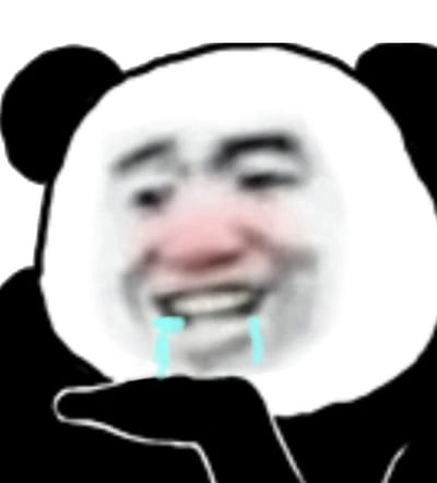 这是一张网络流行的熊猫头表情包，图中熊猫头部被替换成一张人类的脸，表情夸张，呈现出哭笑不得的状态，眼睛下方有两道蓝色的眼泪。这种表情包通常用于表达尴尬、无奈又想笑的复杂情绪。