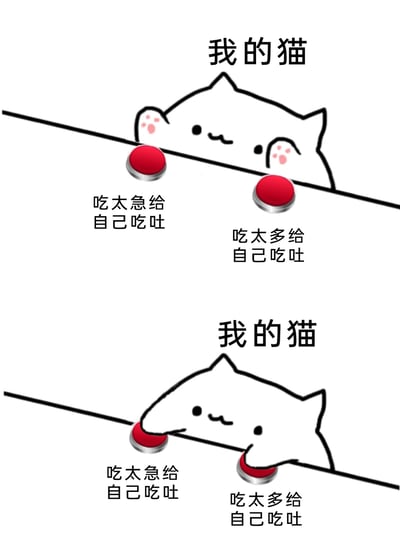 这是一张上下分栏的趣味卡通梗图，上下区域均标注有“我的猫”。上半部分中，一只面带微笑的白色卡通小猫，分别对着两个红色按钮，按钮下方的文字分别为“吃太急给自己吃吐”和“吃太多给自己吃吐”，呈现出猫咪两种不同的吃吐诱因；下半部分里，这只小猫同时按住两个按钮，以此幽默地表现出自家猫咪吃饭毫无节制，会同时因为吃太急和吃太多导致吃吐的搞笑日常，用夸张的方式吐槽猫咪的坏习惯。