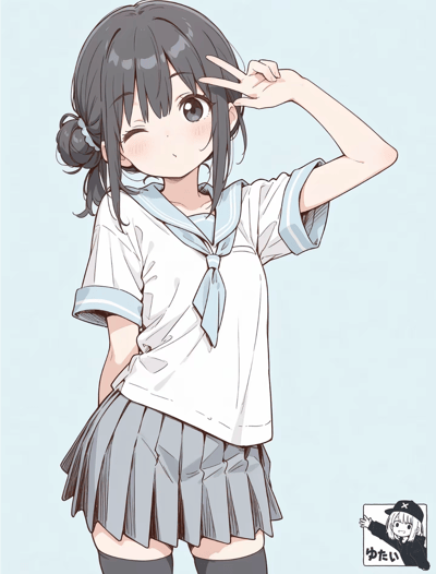 这是一幅日系动漫风格的插画，描绘了一位穿着水手服的少女。她有着黑色的长发，部分头发扎成了侧马尾，戴着蓝色发饰。少女穿着白色短袖水手服，搭配蓝色领巾和灰色百褶裙，脚上穿着黑色过膝袜。她正俏皮地眨着左眼，同时举起右手比出和平手势，脸颊上带着淡淡的红晕，表情显得可爱又有点害羞。背景是纯色的浅蓝色，突出显示了人物主体。