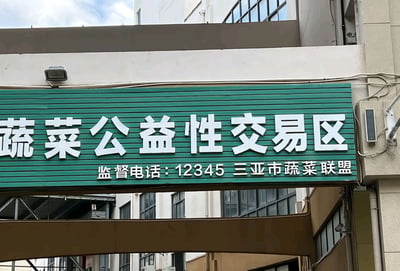 这是一张实地拍摄的户外标识牌照片，绿色底的招牌上用醒目的白色大字标注着“蔬菜公益性交易区”，下方配有小字的监督电话12345以及运营方“三亚市蔬菜联盟”的信息，背景是城市建筑，清晰展示了三亚一处公益性质蔬菜交易区域的官方标识。