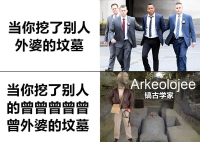 这是一张上下对比的梗图，上方左侧文字为“当你挖了别人外婆的坟墓”，右侧是三名穿西装的警察正 escort 一名男子；下方左侧文字为“当你挖了别人的曾曾曾曾曾曾外婆的坟墓”，右侧是一个戴着石质头像的人站在石棺旁，旁边有“Arkeolojee 镐古学家”的文字。通过夸张对比讽刺了挖近代坟墓被视为犯罪，而考古学家挖掘古代墓葬却被视为职业的现象，带有幽默和讽刺意味。
