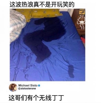 这是一张加了中文文案的社交媒体截图。画面主体是俯拍的床铺，蓝色床单上有一大片深色汗渍，轮廓酷似一个躺卧的人形，能够看出头部、躯干和弯曲的肢体。在这片人形汗渍的右下方，还有一块独立的椭圆形小汗渍，位置恰好容易被联想成与身体分离的生殖器官。顶部文字写着“这波热浪真不是开玩笑的”，强调天气极热、出汗量很大；底部文字“这哥们有个无线丁丁”则把分离的小汗渍调侃成“无线丁丁”，利用“无线设备没有连接线”的说法制造粗俗而荒诞的谐音式视觉笑点。图中床上并没有真人，主要笑点来自汗渍形状造成的拟人化错觉和断连式构图。截图下方保留了原推文作者 Michael Sisto、账号 @sistosterone 及认证标识。