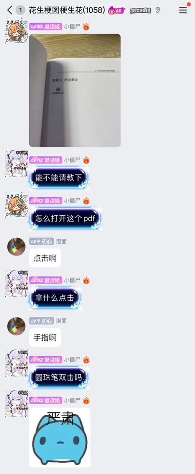 这是一张来自QQ群“花生梗图梗生花(1058)”的聊天记录截图。用户“复读姬（小僵尸）”先发出一张书本的照片，照片里是书本附录2外文原文的页面，页面上印有“外文原文.pdf”的标识，随后该用户向群友请教怎么打开这个pdf；群友“泡面（初心）”回复“点击啊”，该用户继续追问“拿什么点击”，对方回复“手指啊”，该用户又认真地问“圆珠笔双击吗”，最后还发了一个带有“严肃”字样的蓝色卡通表情包。整个对话源于用户误解了书本上的pdf标识，将印刷的标识当成了可交互的电子文件，从而产生了搞笑的迷惑互动。