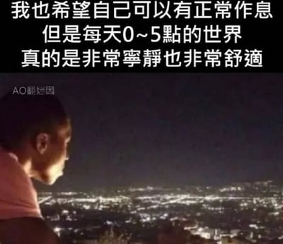 这是一张典型的顶配底文表情包，图片顶部配有三段文字，内容表述了创作者明知应该保持正常作息，却十分享受每天零点到五点这段时间世界格外安静舒适的矛盾心态。配图为一名男子在夜间侧身眺望下方灯火通明的城市全景的画面，文字与画面结合，精准戳中了大量熬夜人群的共同感受，容易引发网友共鸣。