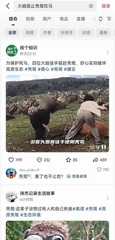 这是一张抖音搜索结果页的静态截图，搜索关键词为“大姐阻止秃鹫吃马”。页面首条内容是账号“捡个知识”于前一天22:51发布的动态，配文称四位大姐为保护死马徒手驱赶秃鹫，看似好心实则破坏高原生态，附带的视频片段显示野外草地上大群秃鹫围在死马周边，两位大姐正徒手驱赶秃鹫，视频配字幕“游客大姐竟徒手硬刚秃鹫”，视频右上角标注“仅供娱乐 无不良引导”。该条动态获1191点赞、232条评论、85次收藏、439次转发。其下两条热门评论分别站在秃鹫视角调侃“臭了也不让吃？”、“这辈子没想过有人和自己抢食”，第二条评论还附带了秃鹫相关的表情包。